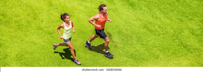 Runners Running People Couple Fitness Banner. Healthy Active Lifestyle. Active Couple Jogging Together On Grass Park View From Above. Summer Weight Loss Training Program.