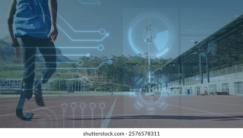 Running athlete on track with digital circuit and data analysis image. performance, fitness, technology, sports, speed, training - Powered by Shutterstock - Get 15% off with code: PIKWIZARD15