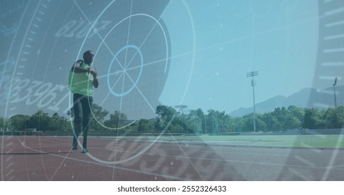 Running athlete on track with speed and performance data image overlaid. overlay, sports, fitness, technology, training, competition - Powered by Shutterstock