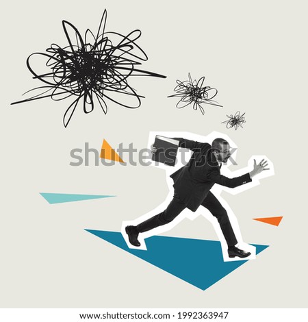 I'm running away from problems. Young man - clerks in business clothes running on abstract background. Concept of finance, economy, professional occupation, business, ad. Creative art collage