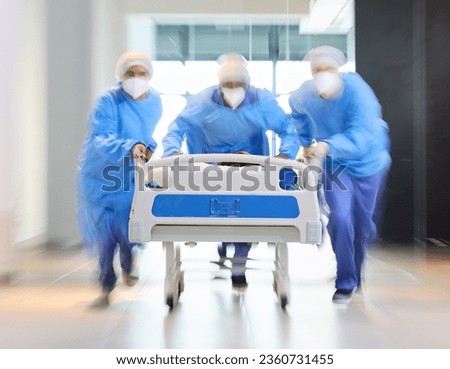 Running, bed and surgeon team, healthcare expert or group speed for surgery support, emergency services or medical help. Wellness, fast motion blur and doctors rush patient for first aid teamwork