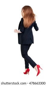 Running Business Woman. Back View. Going Young Girl In  Suit. Rear View People Collection.  Back Side View Of Person.  Isolated Over White Background.