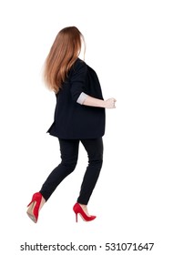 Running Business Woman. Back View. Going Young Girl In  Suit. Rear View People Collection.  Back Side View Of Person.  Isolated Over White Background.