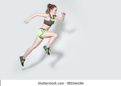 Running Caucasian Woman Studio Isolated On White