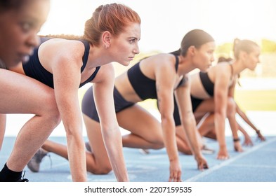 Running Competition, Sports Start And Women In Marathon Race For Fitness At Stadium, Determined To Win And Power For Cardio Event Together. Focused And Young Runner Athlete Group Ready For Challenge