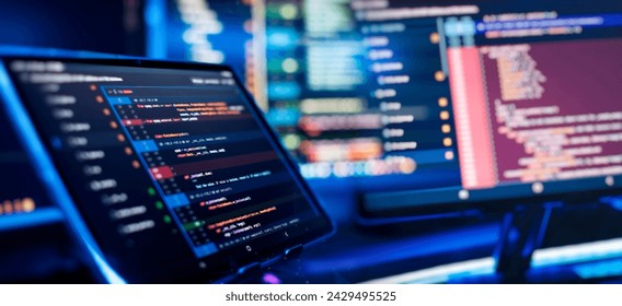Running Computer data programming. Coding script text on screen. Notebook closeup