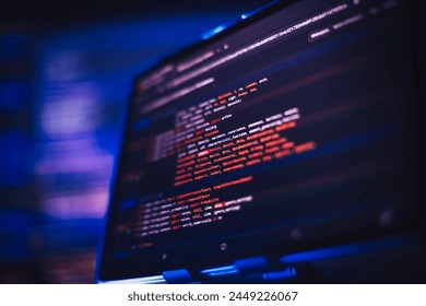 Running Computer data programming. Coding script text on screen. Notebook closeup