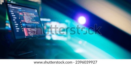 Running Computer data programming. Coding script text on screen. Notebook closeup photo.