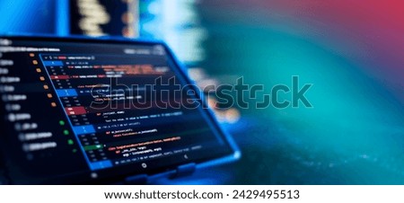 Running Computer data programming. Coding script text on screen. Notebook closeup