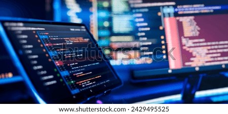 Running Computer data programming. Coding script text on screen. Notebook closeup