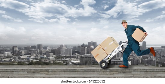 Running Delivery postman. Shipping and transportation service.