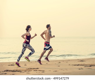 Running Exercise Training Healthy Lifestyle Beach Concept - Shutterstock ID 499147279