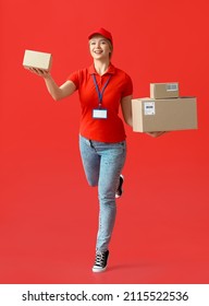 Running Female Courier With Parcels On Color Background