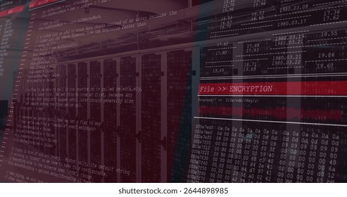 Running FileENCRYPTION banner over server racks with code overlay, hex dump, waveform, copy space. Technology, cybersecurity, digital, data protection, network, futuristic, security - Powered by Shutterstock - Get 15% off with code: PIKWIZARD15