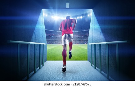 Running football player and stadium, 3d rendering. - Shutterstock ID 2128749695