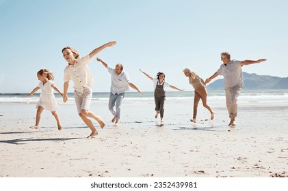 Running, freedom and family on beach, airplane and game with travel and fun, grandparents with parents and kids outdoor. Playful, energy and playing together, ocean and care free on tropical vacation - Powered by Shutterstock