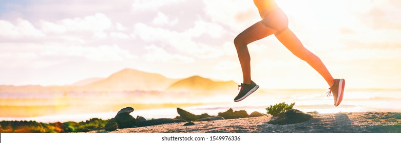 Running Legs Silhouette Of Runner Woman Trail Running On Ultra Mountain Race On Beach Landscape Panoramic Banner. Sprinting Athlete Panorama.