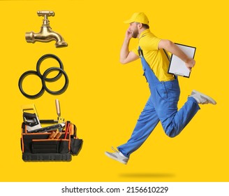 Running Male Plumber And Different Equipment On Yellow Background