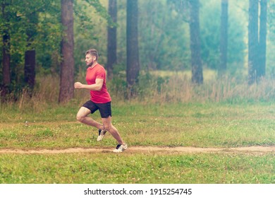 Running Man. Male Runner Jogging At The Park. Guy Training Outdoors. Exercising On Forest Path. Healthy, Fitness, Wellness Lifestyle. Sport, Cardio, Workout Concept