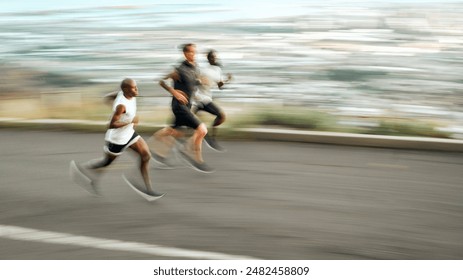 Running, men and team in motion blur for workout, exercise and sport in outdoor for fitness or wellness. Male people, runners and nature for practice, race or recreation as athlete, training and run - Powered by Shutterstock