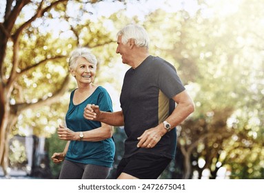 Running, outdoor and old couple with fitness, exercise and bonding together with challenge. Park, senior man and mature woman with training, retirement and hobby with sunshine, healthy and wellness - Powered by Shutterstock