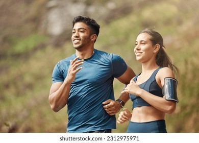 Running, park and couple of friends training for sports and health outdoor. Fitness, workout and sport wellness run of young runner people together in nature with athlete exercise and race cardio - Powered by Shutterstock