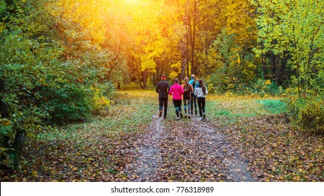 Running People. A Group Of Runners In The Park, Practicing Outdoors In The Fall. Running Athletes Park On A Run Early Morning. Several Children Are Running Woods Doing Sports. Healthy Lifestyle.