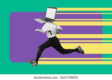 Running person with laptop head, fast computing concept. Internet connection and computer processor speed. Artificial intelligence working fast. Retro pop art and digital collage.
