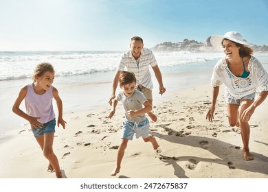 Running, playing and happy family at a beach with fun, bonding and freedom on summer, vacation and holiday. Travel, energy or excited kids with parents at ocean for adventure, journey or race in Bali - Powered by Shutterstock