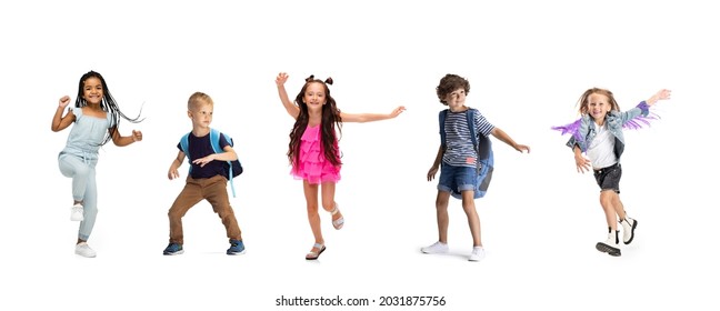 Running To School, Class. Collage Made Of Portraits Happy Kids, Boys And Girls Isolated On White Studio Background. Education, Human Emotions, Childhood, Back To School Concept. Flyer.
