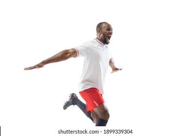 Running And Screaming. Funny Emotions Of Professional Football, Soccer Player Isolated On White Studio Background. Excitement In Game, Human Emotions, Facial Expression And Passion With Sport Concept.