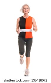 Running Senior Woman In Front Of White Background