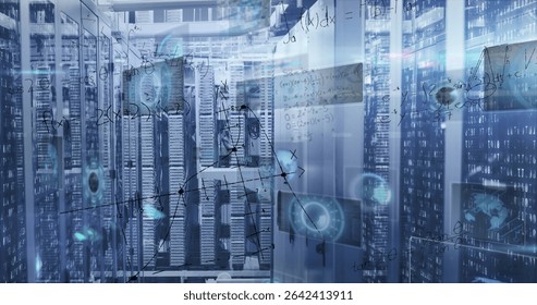 Running server cabinets processing data at data center, with neat cabling and holographic overlays. Futuristic, technology, network, digital, innovation, cybersecurity, efficiency