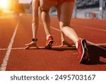 Running shoe of athletic runner training in stadium at sunset, preparing for sports competition, Summer Olympic games in Paris, France