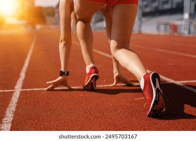 Running shoe of athletic runner training in stadium at sunset, preparing for sports competition, Summer Olympic games in Paris, France - Powered by Shutterstock