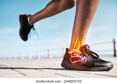 Running shoes, legs or skeleton bone glow in workout, training or exercise with anatomy pain, body stress or joint burnout. Zoom, runner or sports woman with ankle injury and 3d futuristic abstract