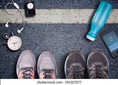 Running Shoes And Stopwatch. Hart Rate Monitor And Smartphone Whit Pulse. Ready To Run. Running On Asphalt. Control Your Pulse Whit Heart Rate Monitor.