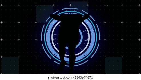 Running silhouette wearing shorts in white plus grid simulation with blue HUD and teal squares. Futuristic, technology, digital, interface, athletic, motion, innovation - Powered by Shutterstock - Get 15% off with code: PIKWIZARD15