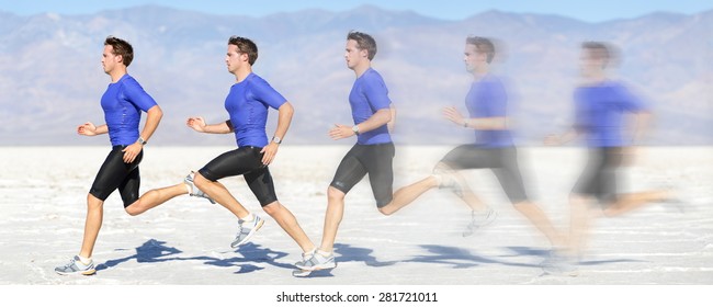 Running And Sprinting Man At Great Speed. Composite Of Male Athlete Runner Sprinting Fast On Run In Beautiful Landscape. Sprinter In Motion Blur Fast Showing Running Movement.