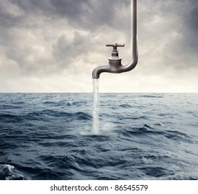 Running Tap Pouring Water In The Sea