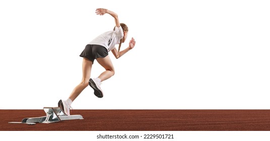 Running technique. Back view of beginner female track runner bursting off starting block isolated on white background. Concept of sport, workout, skills and achievements. Little girl training - Powered by Shutterstock