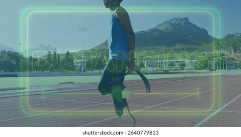 Running teen athlete on track wearing top, prosthetic blade and sports shoe under neon DISTANCING. Athletics, perseverance, resilience, modern, competition, outdoor, determination