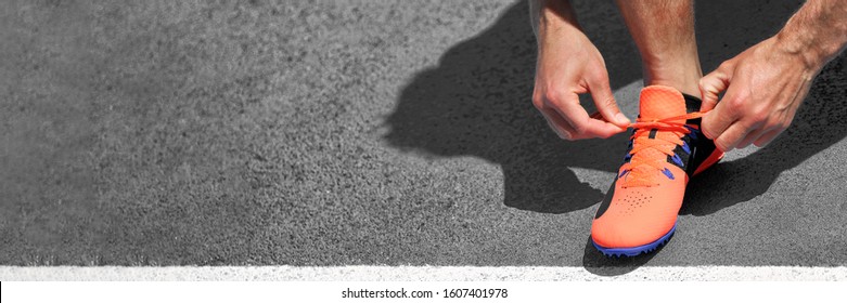 Running Track Banner Crop Of Athlete Runner On Starting Line Ready To Start Run Race Competition For Success Challenge Concept. Grey Asphalt Background Panorama.