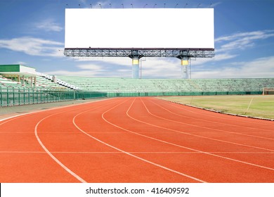 Running Track With Empty White Digital Billboard Screen For Advertising In Sport Stadium