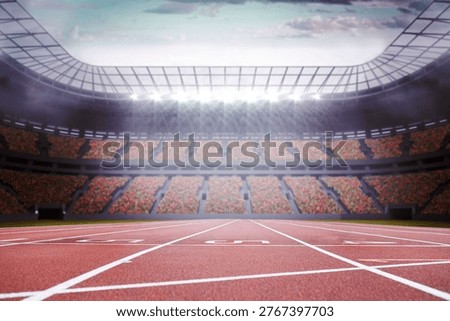 Running track lanes are spanning flat design under floodlights with clear roof panels and stands. Athletics, stadium, sports, competition, outdoor, modern, energetic