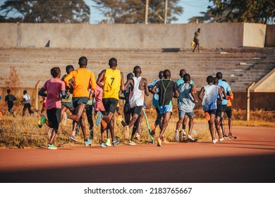 Running Training In Kenya. A Group Of Kenyan Marathon Runners Prepare For The Race. Training Session In Eldoret Near Iten, Home Of Champions