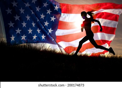 Running woman. Runner jogging over sunset sky and american flag. Female fitness model training outside running to her American dream - Powered by Shutterstock