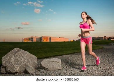 Running Woman. Runner Jogging In Sunny Nature.