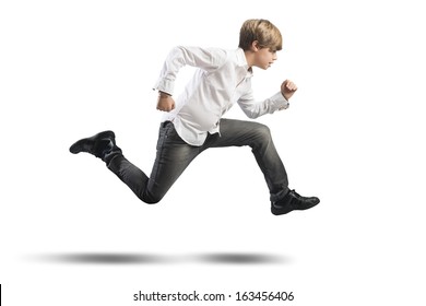 Running Young Boy Isolated On White Background