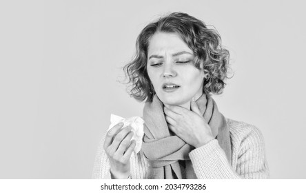 Runny Nose Caused By Illness. Ill With Laryngitis. Acute Respiratory Viral. Sick Girl With Runny Nose. Influenza Infection And Pneumonia. Coronavirus Outbreak Concept. Symptoms Of Disease. Copy Space